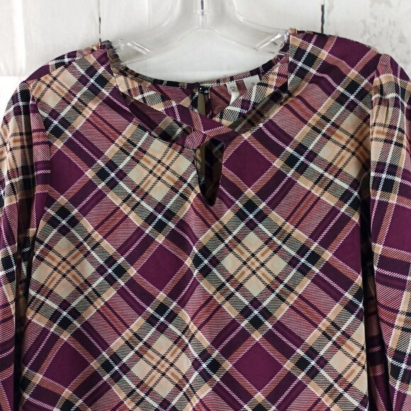CATO Tunic Womens Size S Purple Plaid Keyhole Neck 3/4 Sleeve Blouse Shirt - Picture 2 of 9